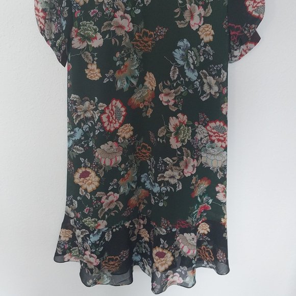 Zara Emerald Green & Burgundy Floral Chiffon Tie Neck Midi Dress - Picture 14 of 15